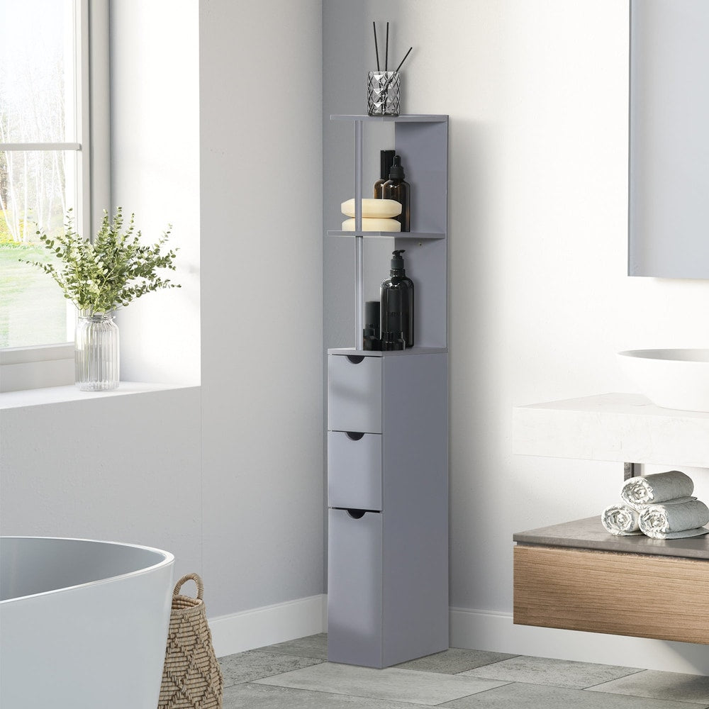 The narrow bathroom cabinet is shown in a modern bathroom setting next to a bathtub