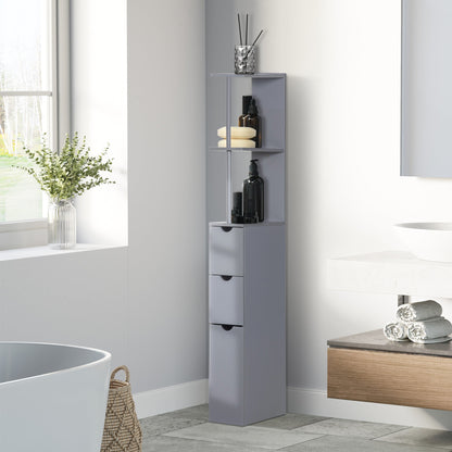 The narrow bathroom cabinet is shown in a modern bathroom setting next to a bathtub