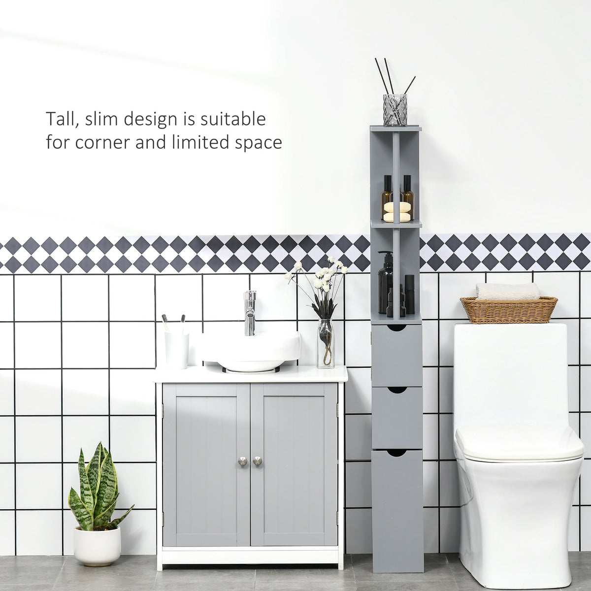 The slim bathroom cabinet placed in a bathroom between a sink and a toilet
