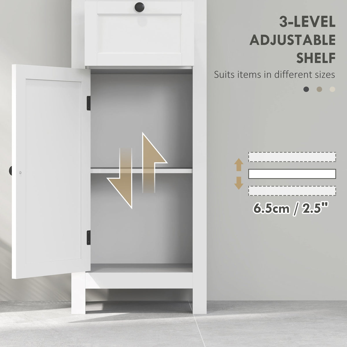The narrow cupboard with its door open to highlight the adjustable internal shelf