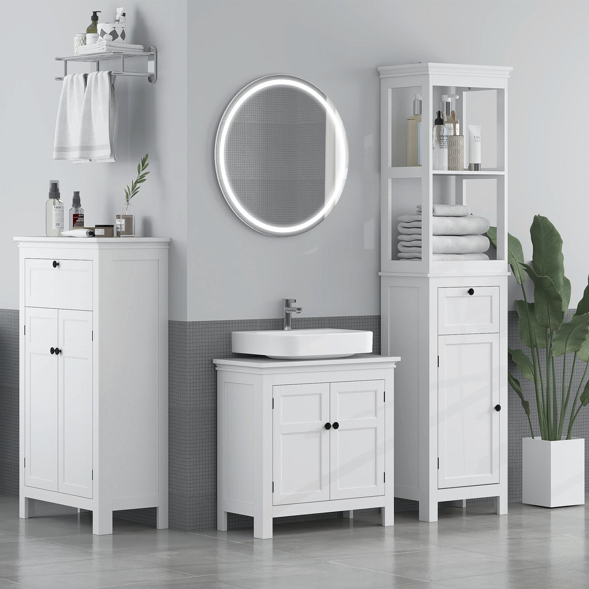 The bathroom cabinet placed in a modern bathroom setting next to a sink and a plant