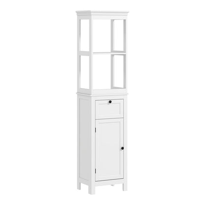 HOMCOM Tall Bathroom Cabinet in white with open shelves, a drawer and a cupboard door