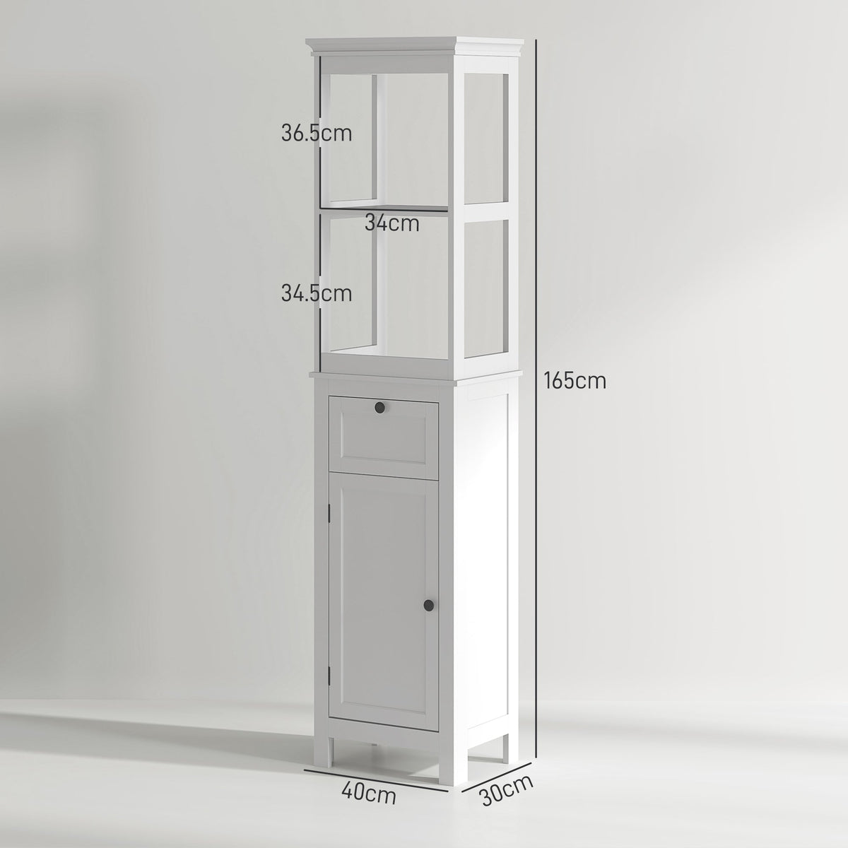 The tall storage unit shown against a plain background with dimensions indicated