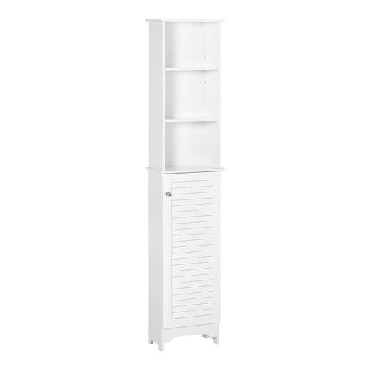 HOMCOM Tall Bathroom Cabinet in white with three open shelves and a slatted door cupboard below