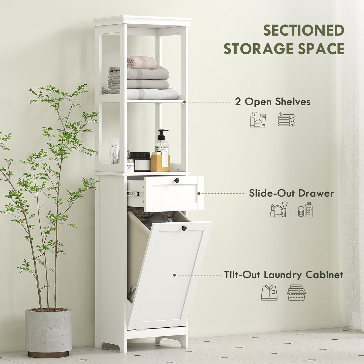 The tall bathroom cabinet features open shelves, a drawer, and a tilt-out laundry basket