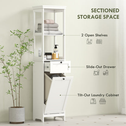 The tall bathroom cabinet features open shelves, a drawer, and a tilt-out laundry basket
