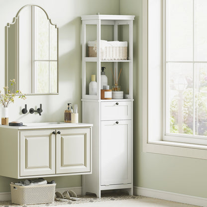 The white bathroom cabinet is shown in a modern bathroom next to a sink and mirror