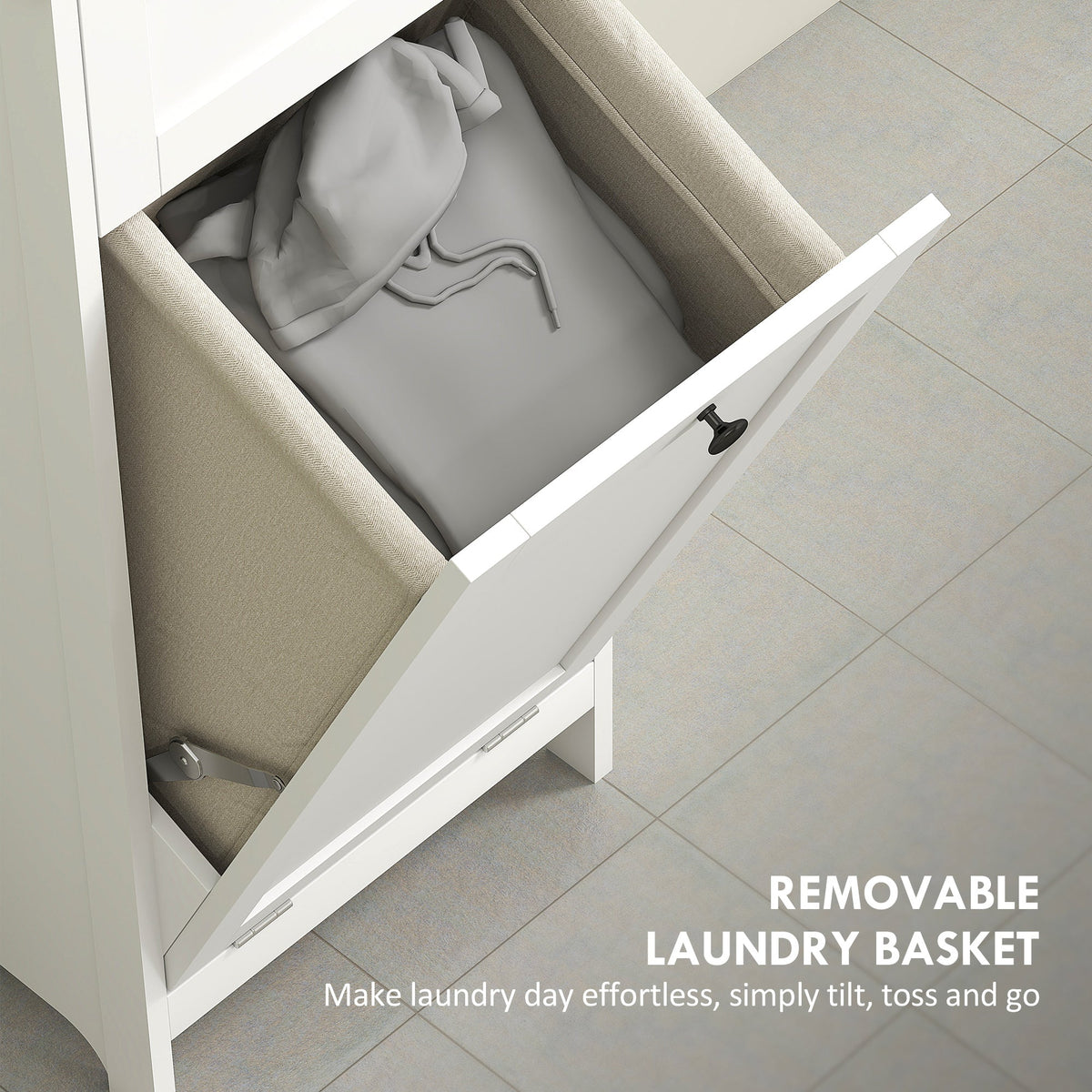 Close-up of the removable laundry basket inside the tilt-out compartment of the cabinet