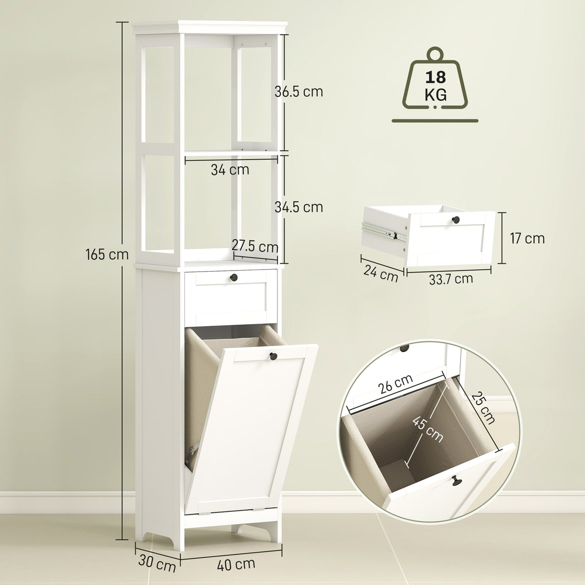 Dimensions diagram of the tall white bathroom cabinet with laundry basket