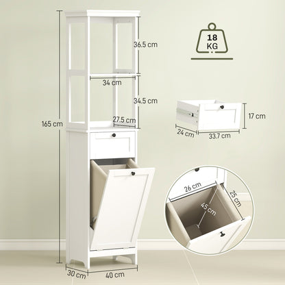 Dimensions diagram of the tall white bathroom cabinet with laundry basket