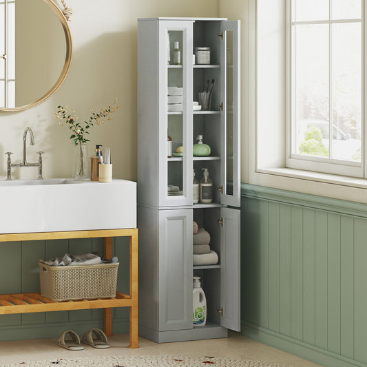 The bathroom cabinet standing next to a sink with all doors open and items inside