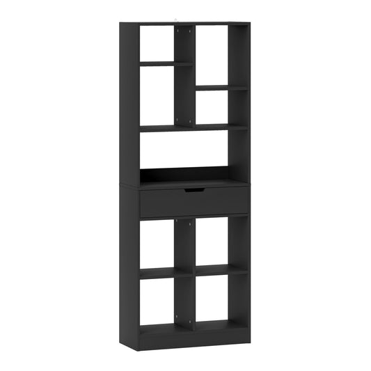 HOMCOM Tall Bookshelf with Drawer, a black freestanding bookcase with multiple shelves and one drawer