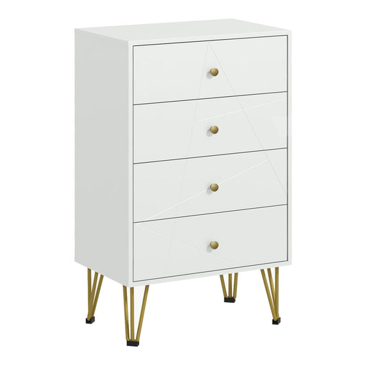 HOMCOM Tall Chest of Drawers in white with four drawers and gold hairpin legs on a white background