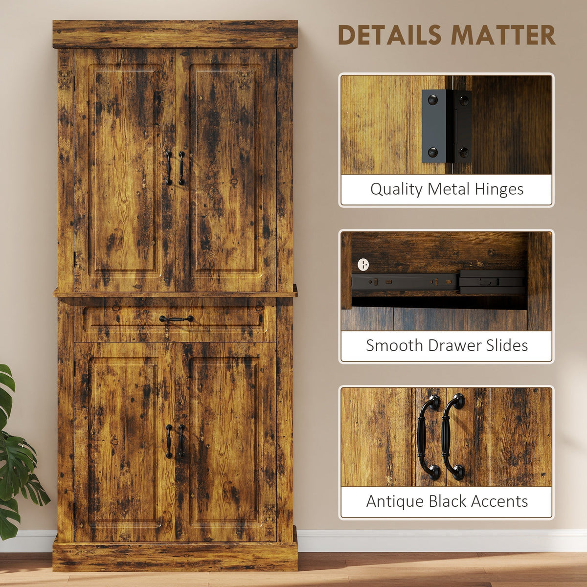 Close-up details of the tall kitchen cupboard, highlighting hinges, drawer slides, and handles