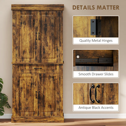 Close-up details of the tall kitchen cupboard, highlighting hinges, drawer slides, and handles