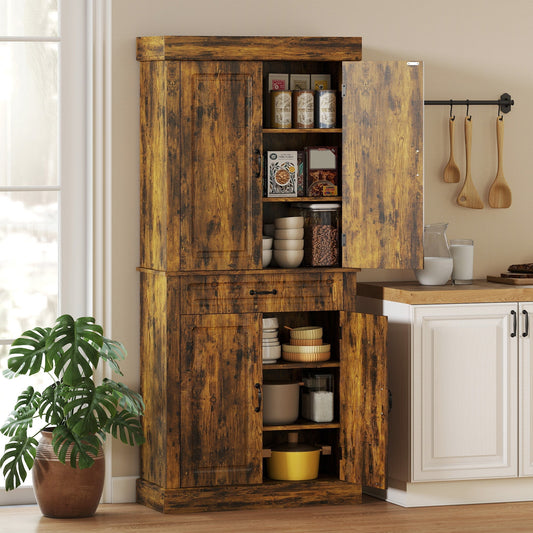The tall kitchen cupboard with its doors open, showing shelves stocked with food items and kitchenware