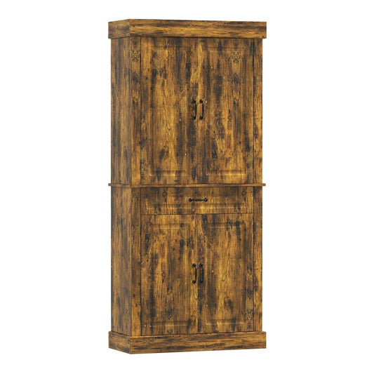 HOMCOM Tall Kitchen Cupboard with a rustic brown wood effect finish and black metal handles