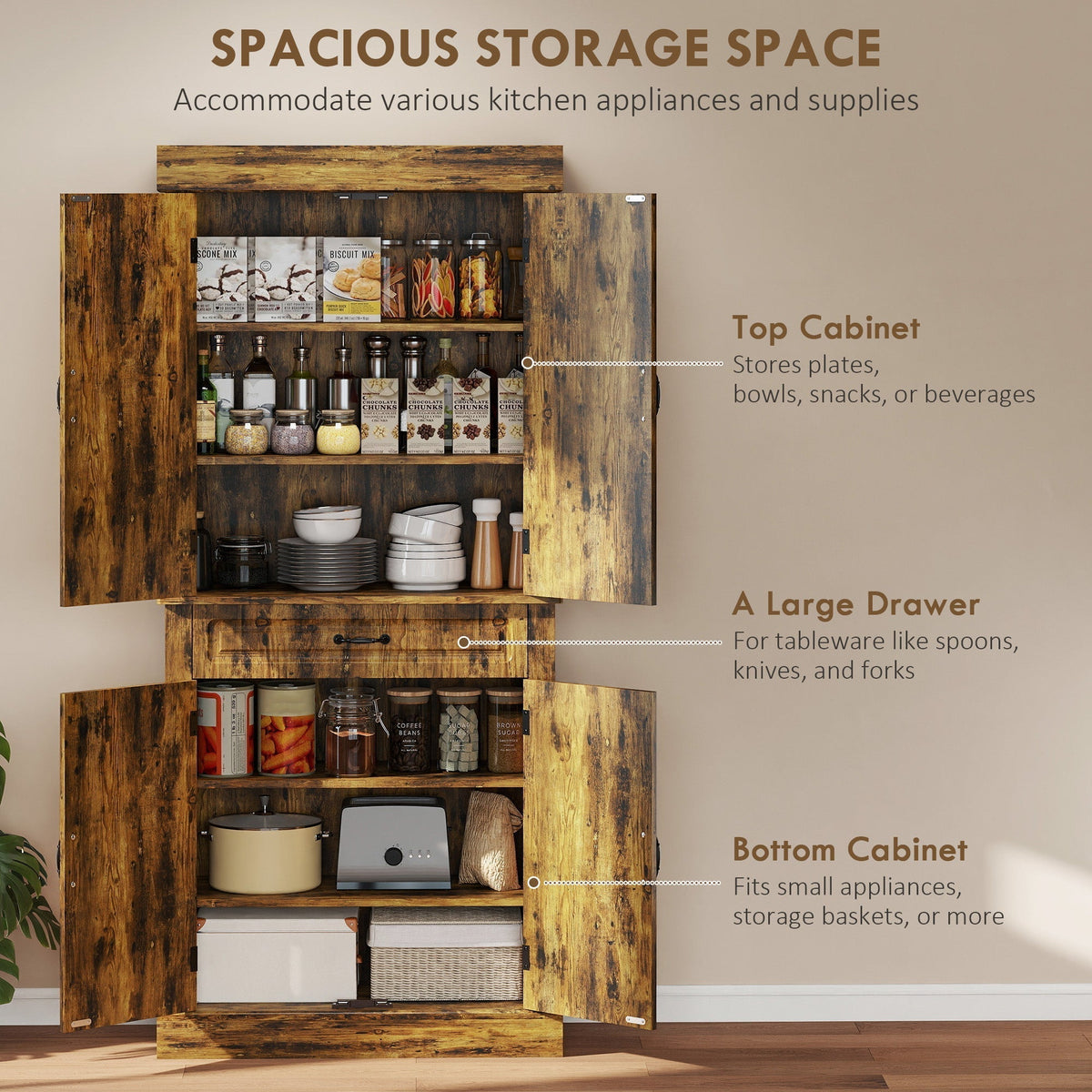 Spacious storage for kitchen furniture, with labels pointing to the top cabinet, large drawer, and bottom cabinet