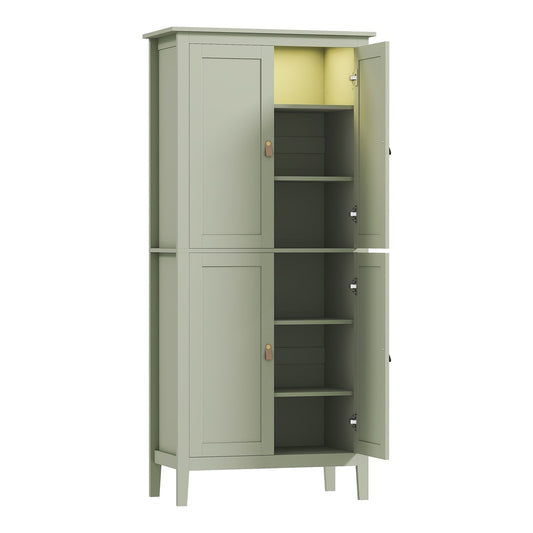 HOMCOM Tall Pantry Cupboard with Motion Sensor LED Light in green with doors open showing shelves