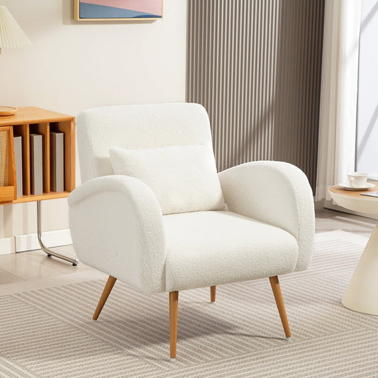 Cream white teddy fleece armchair in a bright living room setting with a side table and rug