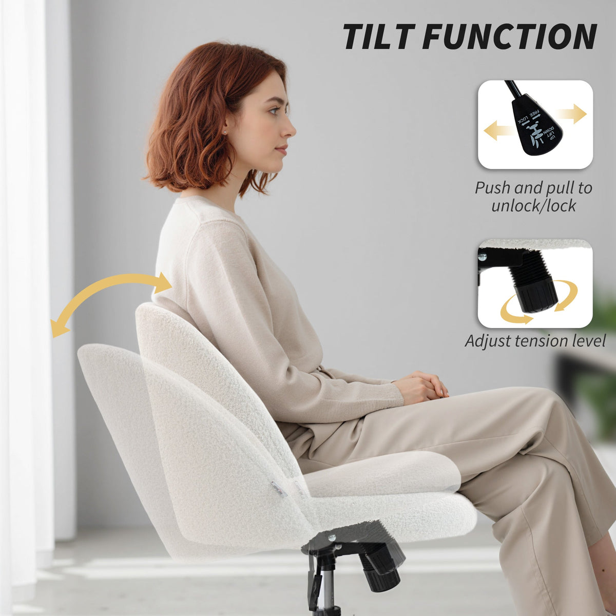 The tilt function of the office chair is demonstrated with lever adjustments