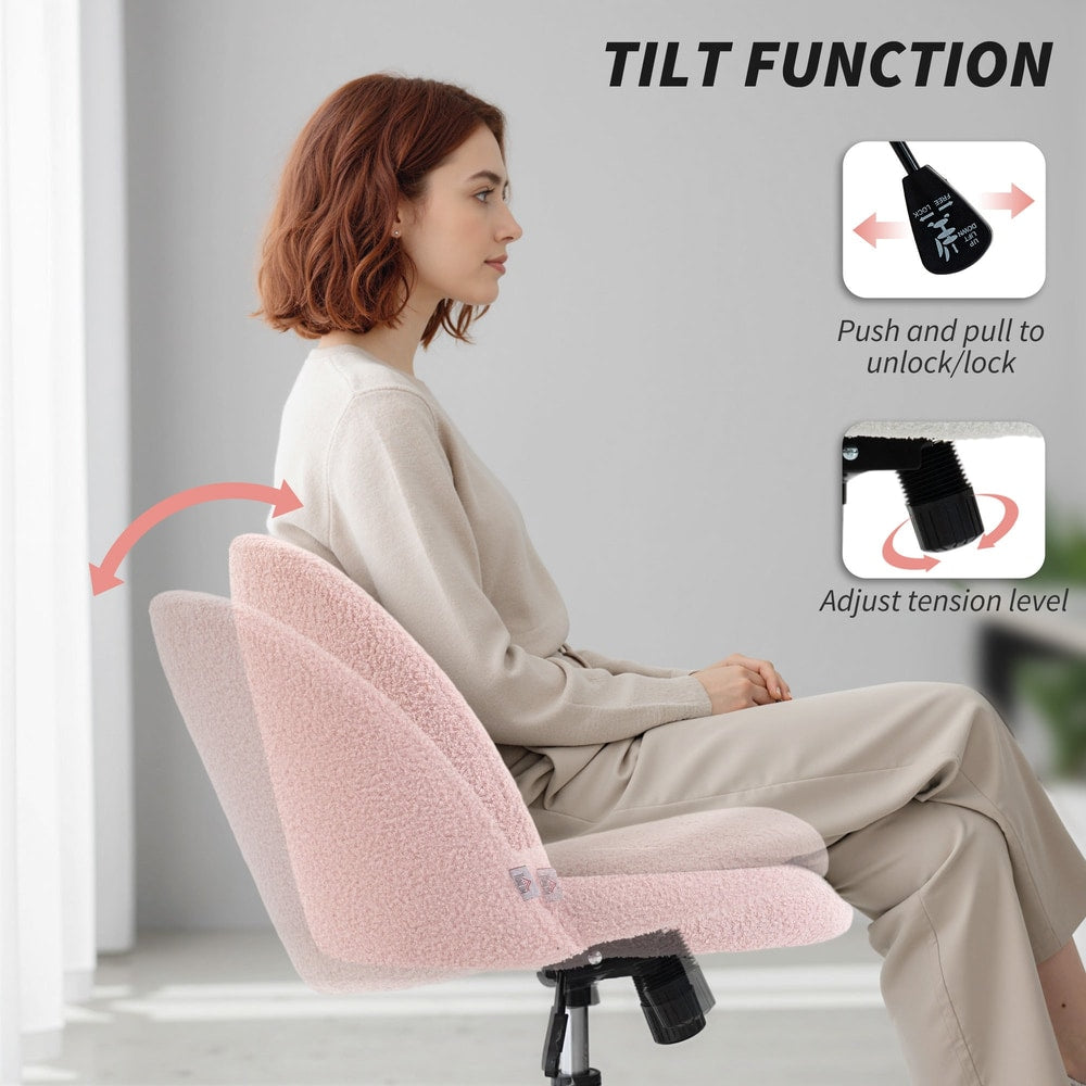 Demonstration of the tilt function on the light pink teddy fleece office chair with wheels
