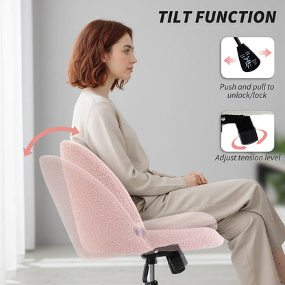 Demonstration of the tilt function on the light pink teddy fleece office chair with wheels