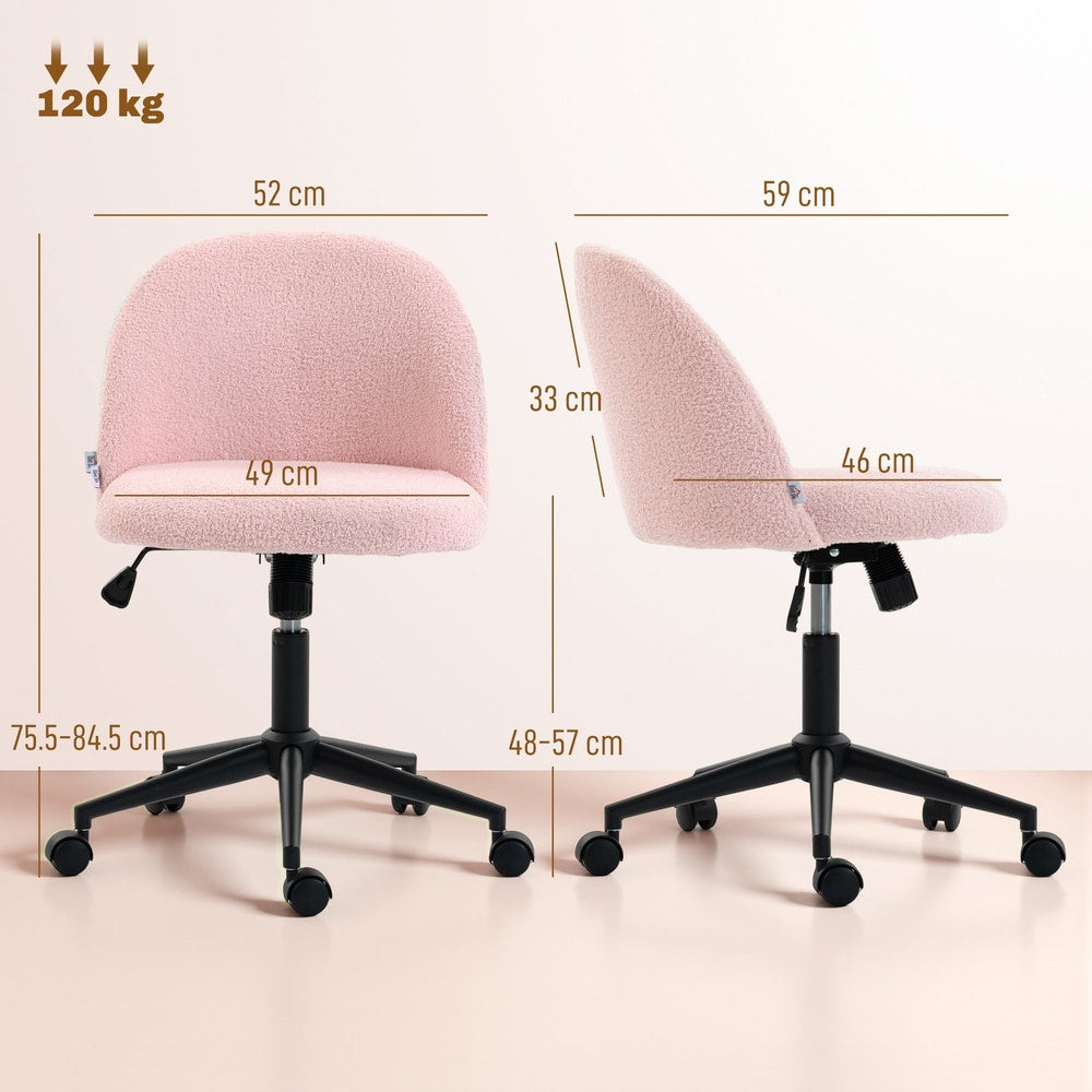 Dimensions diagram for the light pink teddy fleece office chair with wheels, showing height and width measurements
