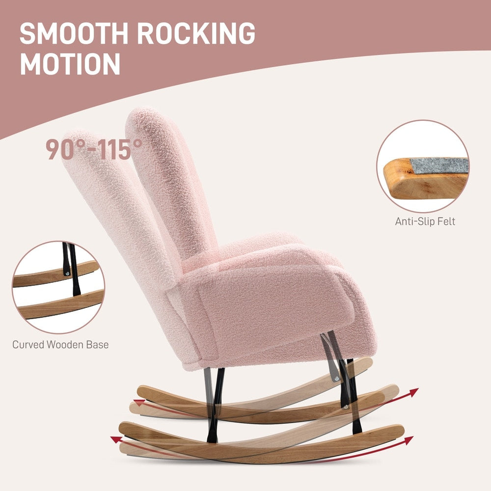 Close up of the curved wooden base and anti-slip felt on the rocking chair