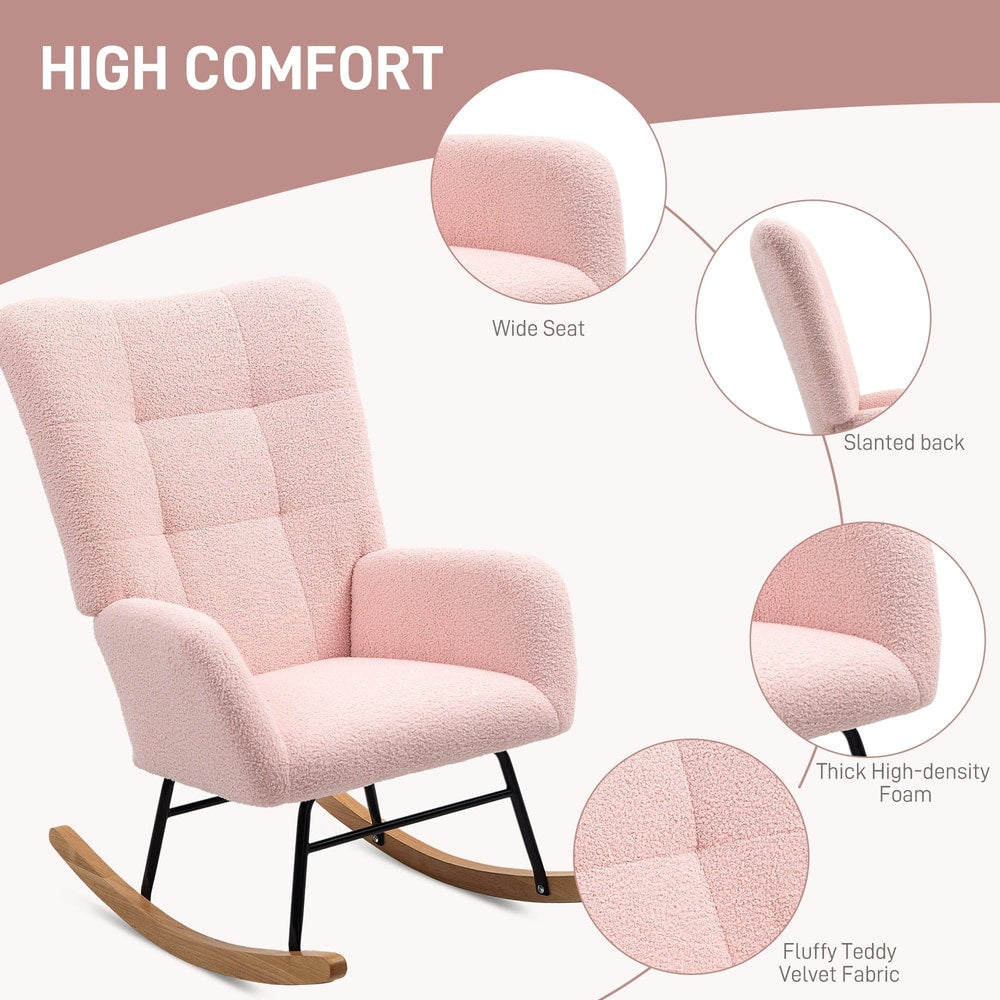 Close up of the wide seat and thick foam padding on the pink teddy fleece rocking chair