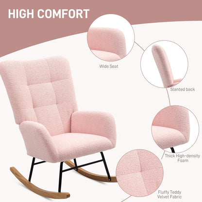 Close up of the wide seat and thick foam padding on the pink teddy fleece rocking chair