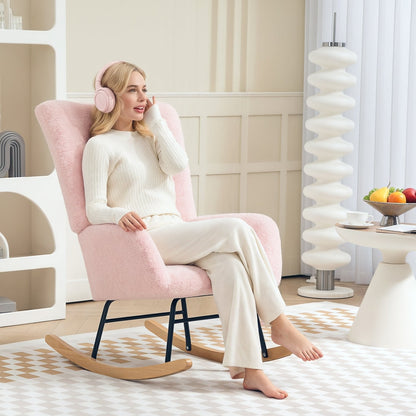 Woman relaxing in a pink teddy fleece rocking chair in a bright living room