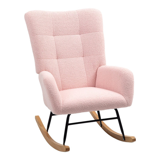 HOMCOM Teddy Fleece Rocking Chair in pink, a comfortable armchair with wooden rockers