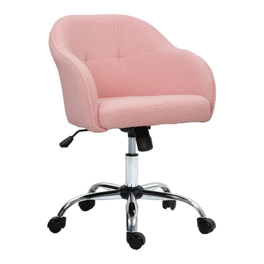 HOMCOM 46-56 cm Teddy Fleece Office Chair in pink, a modern desk chair with a curved back and chrome base