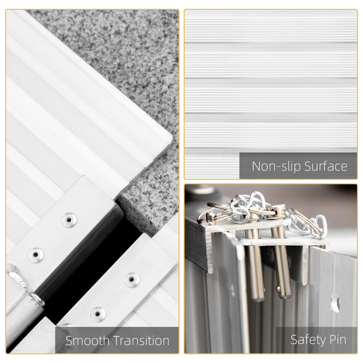 Close up of the textured non-slip surface and safety pins on the folding ramp