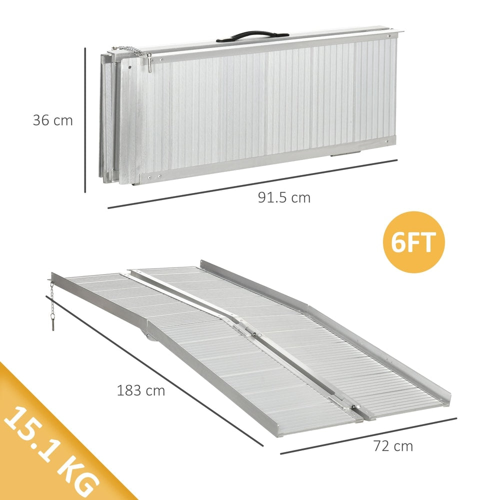 The folding wheelchair ramp shown folded and unfolded with dimensions labelled