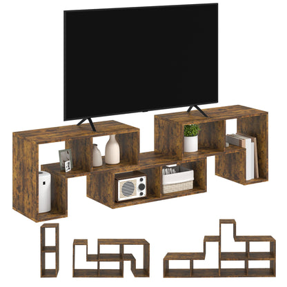 The modular TV unit in rustic brown, displayed with separate components and assembled options