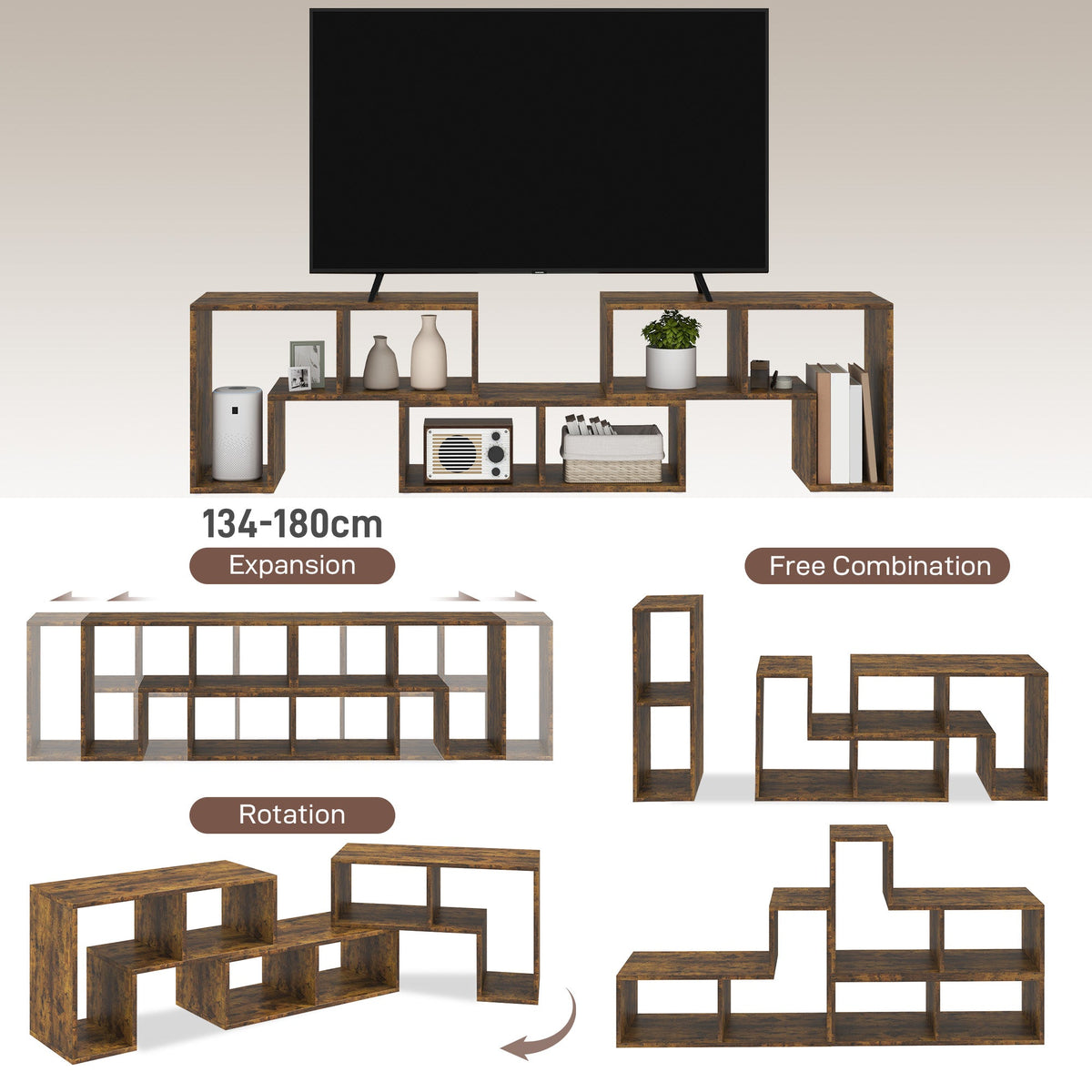 The rustic brown TV unit shown in various configurations and assembly options