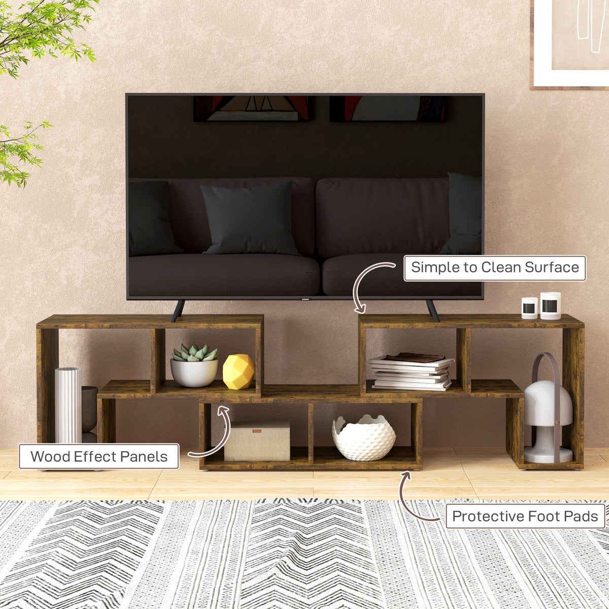 Close-up views of the rustic brown TV unit highlighting wood effect panels and protective foot pads