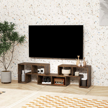 The rustic brown TV unit in a room setting with a television and sofa in the background