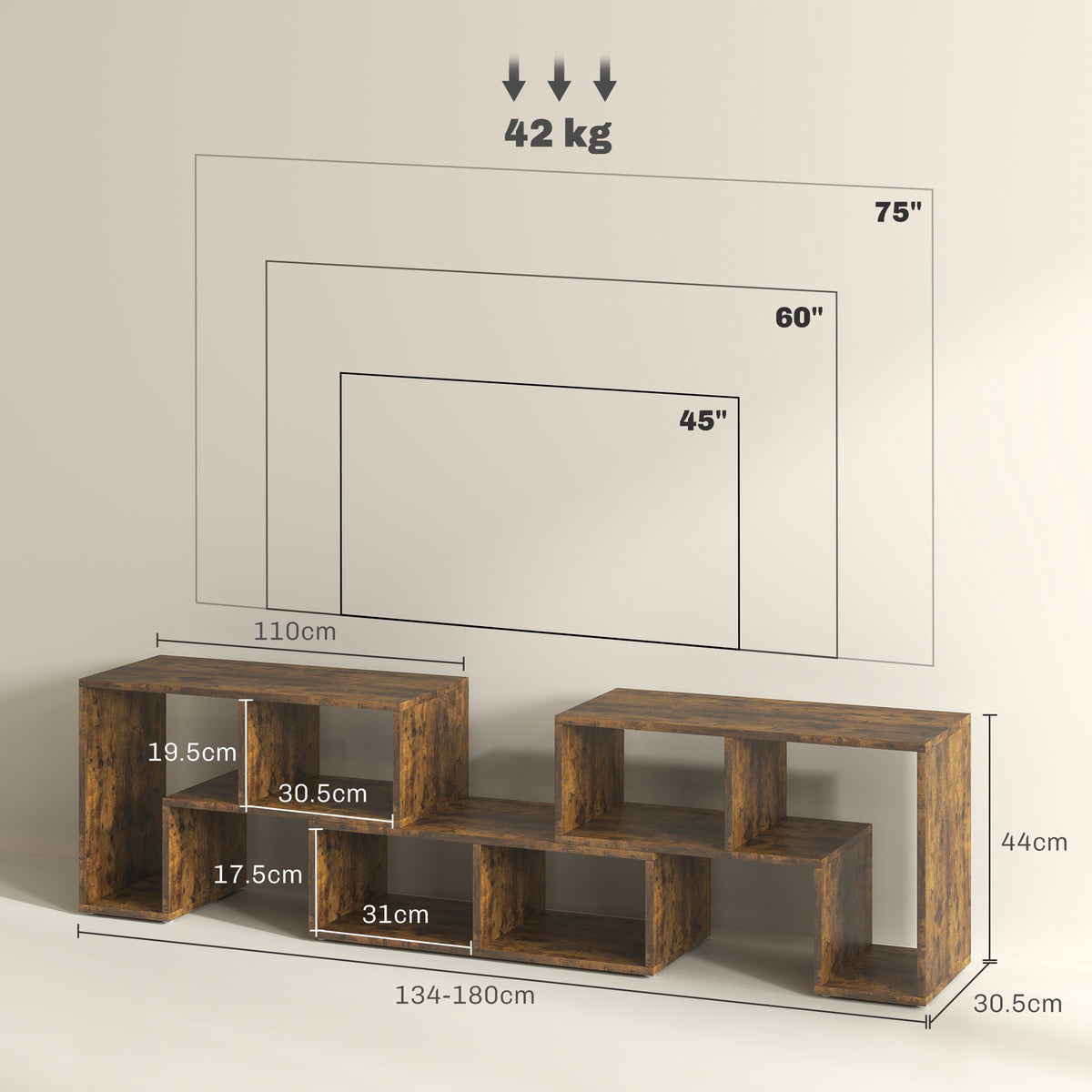 Size diagram for the rustic brown TV unit, showing dimensions and TV size compatibility