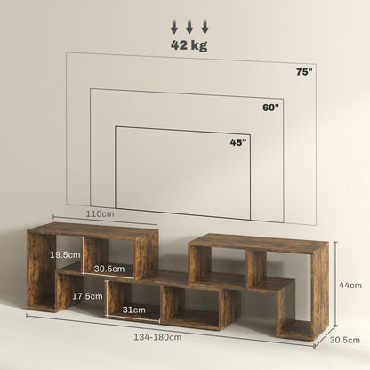 Size diagram for the rustic brown TV unit, showing dimensions and TV size compatibility