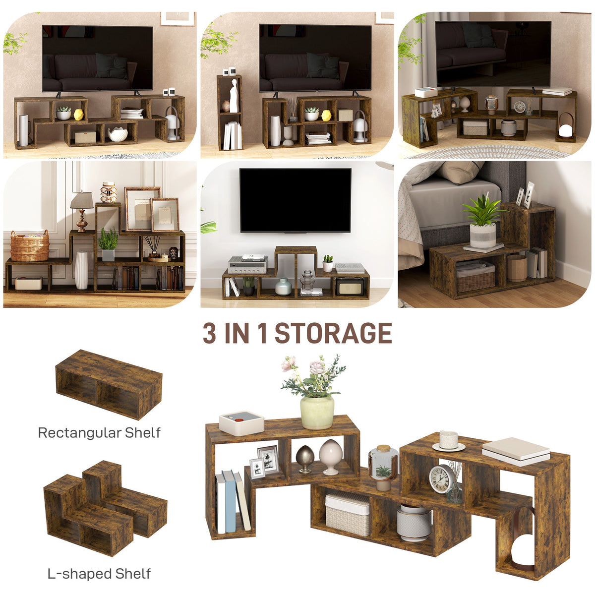 Three different storage unit shapes for the modular TV stand, labelled rectangular and L-shaped