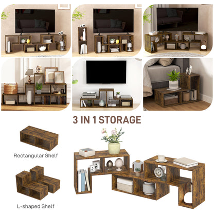 Three different storage unit shapes for the modular TV stand, labelled rectangular and L-shaped