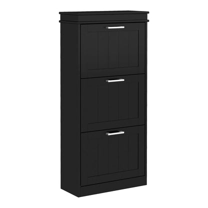 HOMCOM Three-Drawer Minimalistic Shoe Cabinet in black, a tall and narrow storage unit with three flip-down drawers