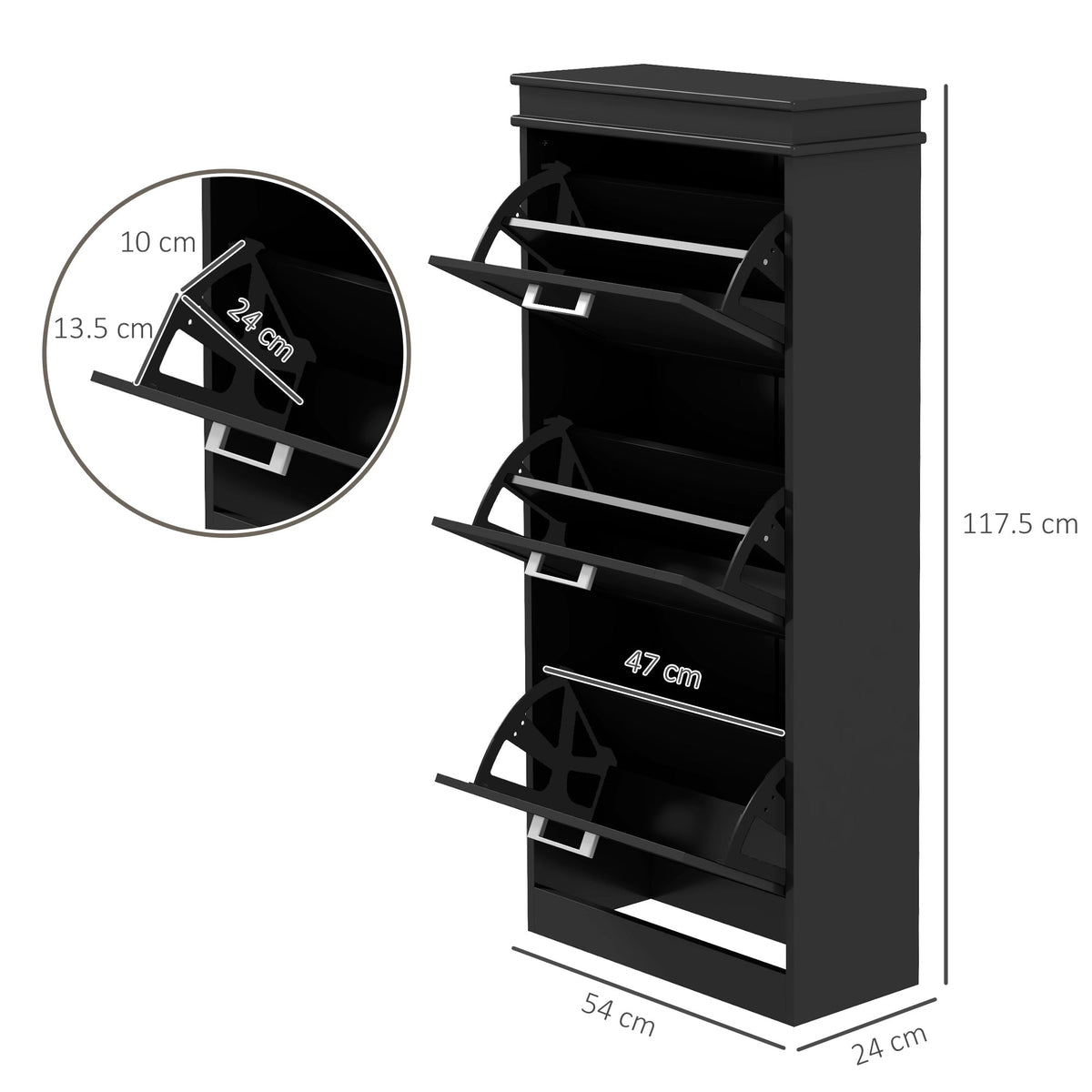 Dimensions of the black three-drawer shoe storage cabinet, showing height, width, and depth
