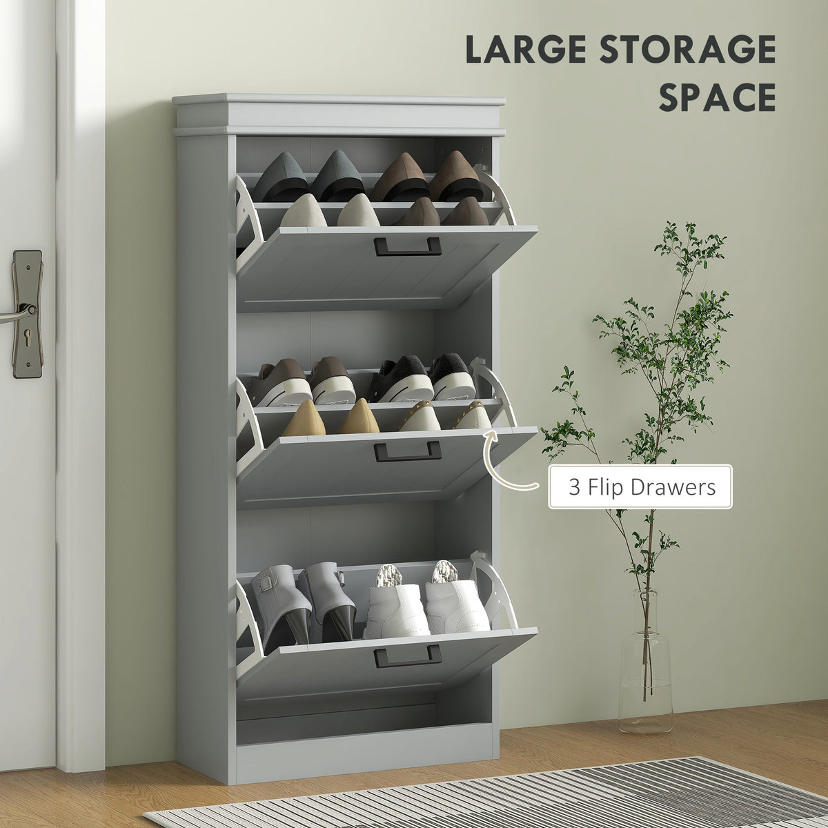 Grey three-drawer shoe storage cabinet filled with shoes