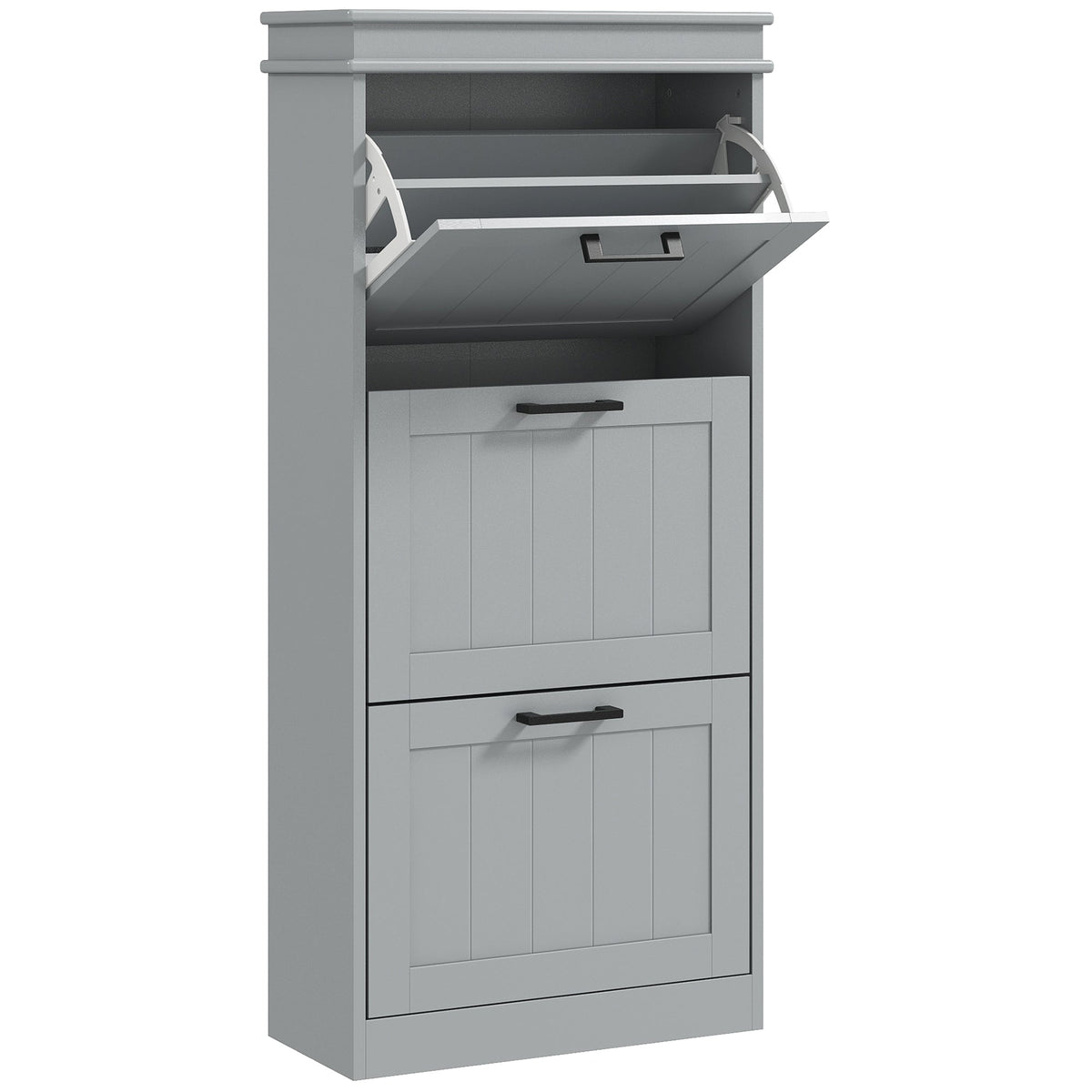 HOMCOM Three-Drawer Minimalistic Shoe Cabinet in grey with three flip-down drawers