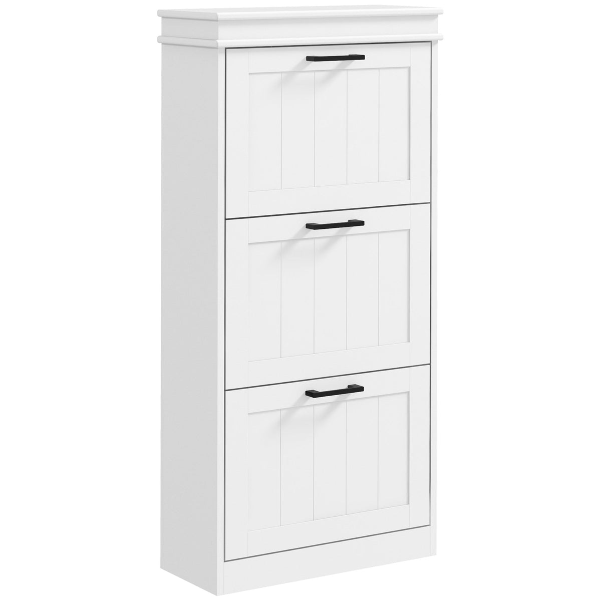 HOMCOM Three-Drawer Minimalistic Shoe Storage Cabinet, a white three-tier cabinet with black handles