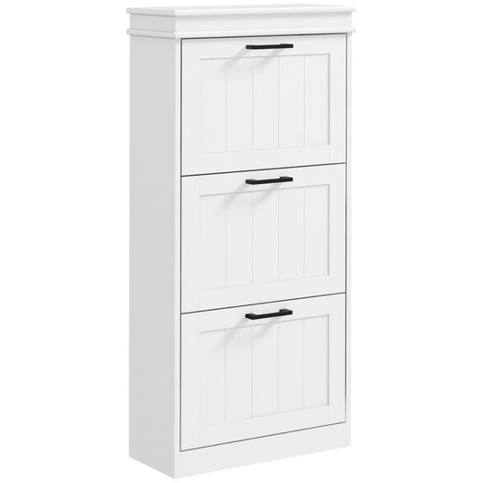 HOMCOM Three-Drawer Minimalistic Shoe Storage Cabinet, a white three-tier cabinet with black handles